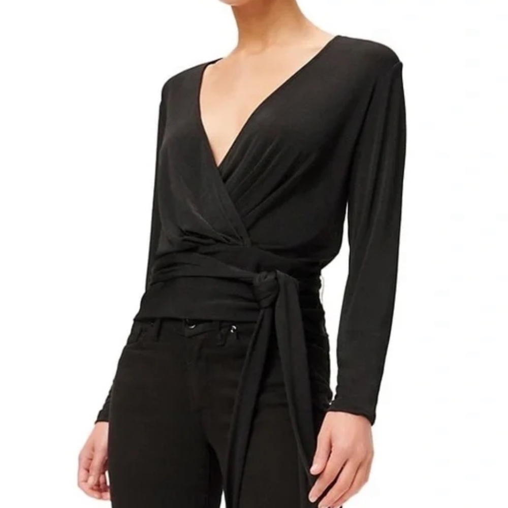NWT good American black long sleeve wrap top v-cut shimmer stretch small